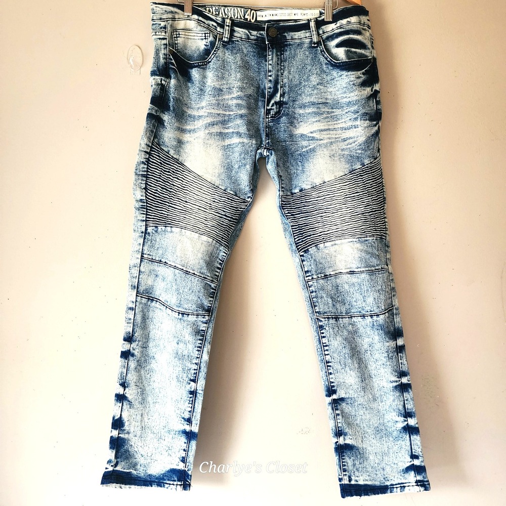 Reason Clothing 40x30 Acid Wash Blue Biker Moto Jeans Stretch Slim Straight 90s